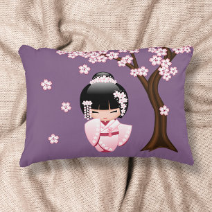 Pink Kimono Kawaii Kokeshi Doll on Purple Accent Pillow