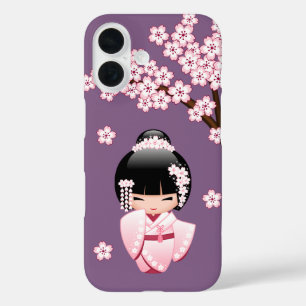 Pink Kimono Kawaii Kokeshi Doll on Purple iPhone 16 Case