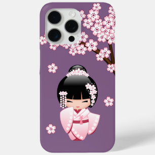 Pink Kimono Kawaii Kokeshi Doll on Purple iPhone 15 Pro Max Case