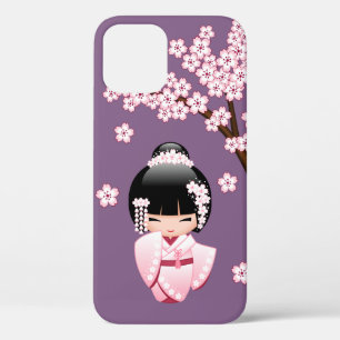 Pink Kimono Kawaii Kokeshi Doll on Purple iPhone 12 Pro Case