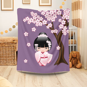 Pink Kimono Kawaii Kokeshi Doll on Purple Fleece Blanket