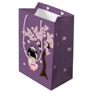 Pink Kimono Kawaii Kokeshi Doll on Purple Medium Gift Bag