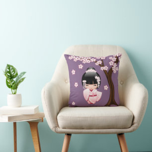 Pink Kimono Kawaii Kokeshi Doll on Purple Throw Pillow