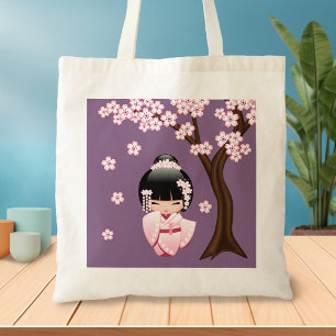 Pink Kimono Kawaii Kokeshi Doll on Purple Tote Bag