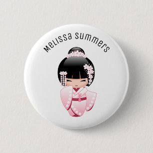 Pink Kimono Kawaii Kokeshi Girl Custom Name 2 Inch Round Button