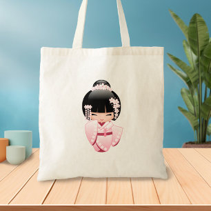 Pink Kimono Kawaii Kokeshi Girl Tote Bag