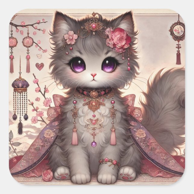 Pink Kimono Princess Cat Square Sticker (Front)