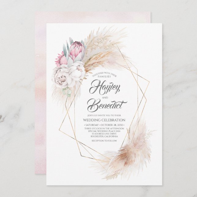 Pink King Protea and Pampas Grass Modern Wedding Invitation (Front/Back)
