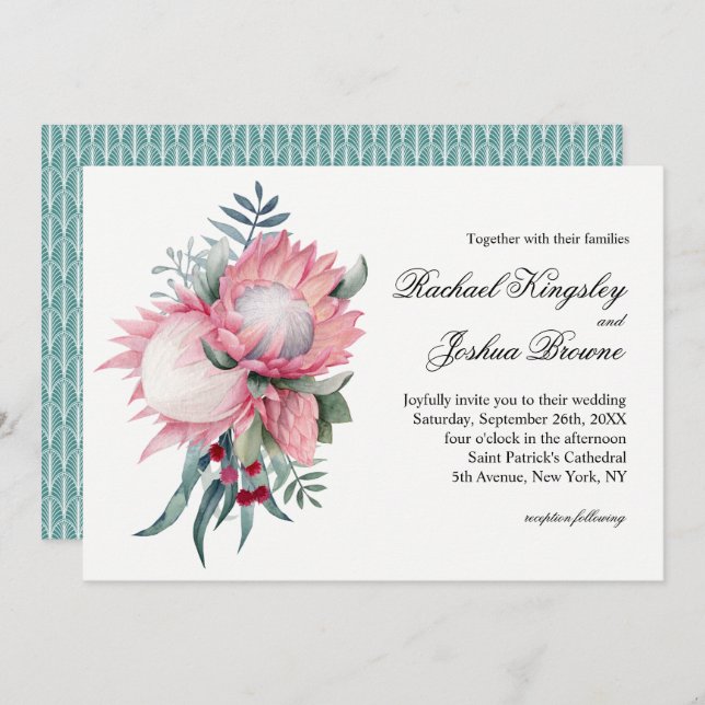 Pink King Protea Botanical Wedding Invitation (Front/Back)