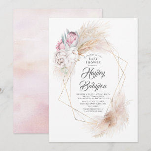 Pink King Protea Pampas Grass Floral Baby Shower Invitation