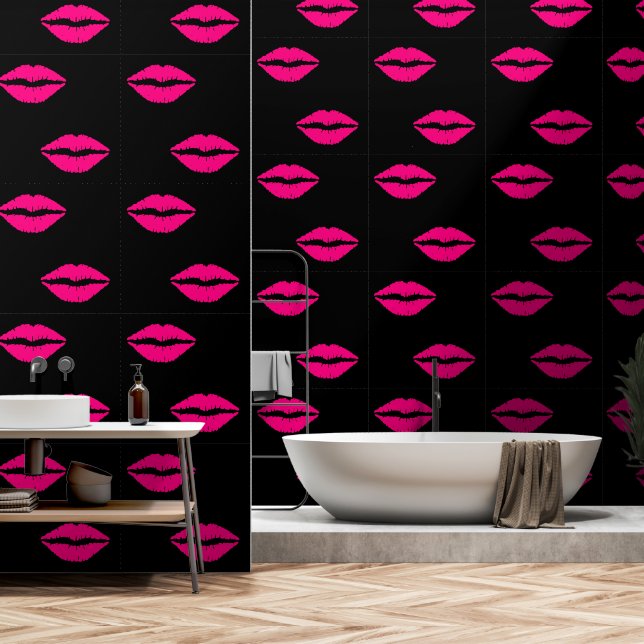 Pink Kiss Lips Custom Colour Black Wallpaper (Bathroom)