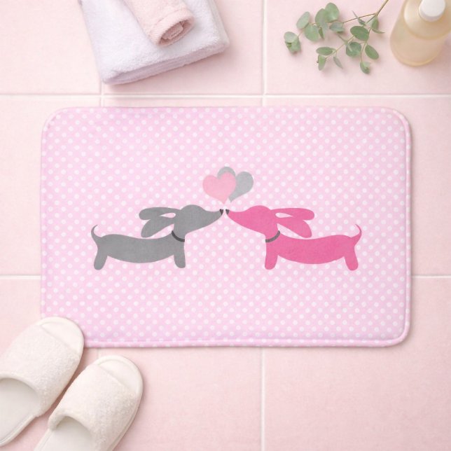 Pink Kissing Dachshunds Themed Bathroom  Bath Mat (Pink kissing dachshunds bath mat on polka dots)