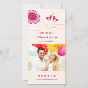 Pink Kissing Love Birds Whimsical Flower Dot Photo Save The Date