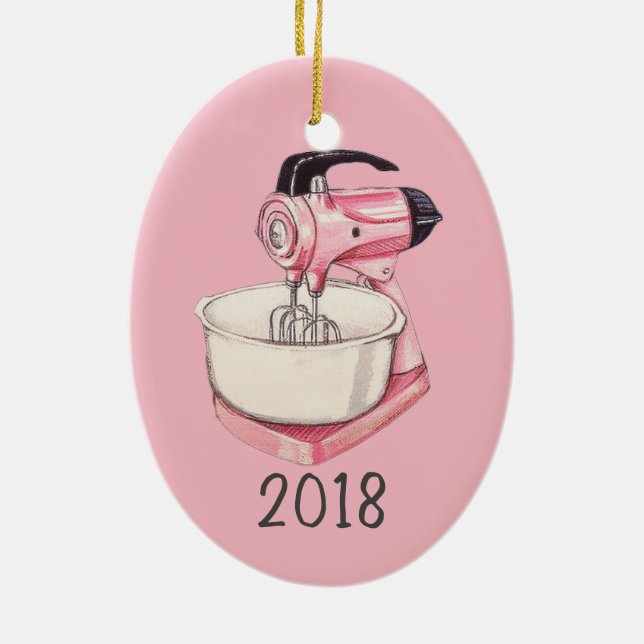 Pink Kitchen Mixer Keepsake Year Ceramic Ornament (Back)
