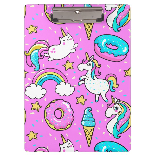 Pink Kitschy glittery funny unicorn and kitty Clipboard (Front)