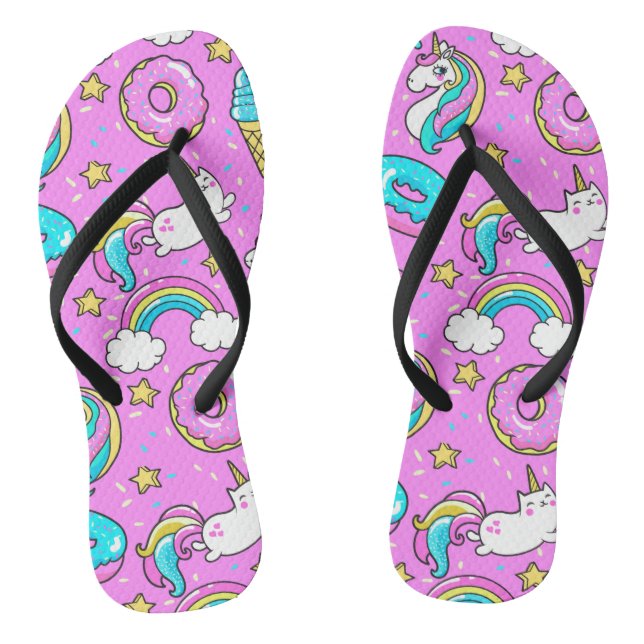 Pink Kitschy glittery funny unicorn and kitty Flip Flops (Footbed)