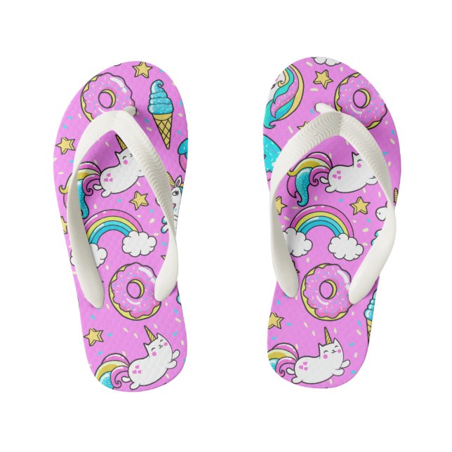 Pink Kitschy glittery funny unicorn and kitty Kid's Flip Flops (Footbed)