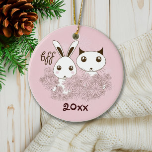 Pink Kitten and Bunny Animal Friends Kids Ceramic Ornament