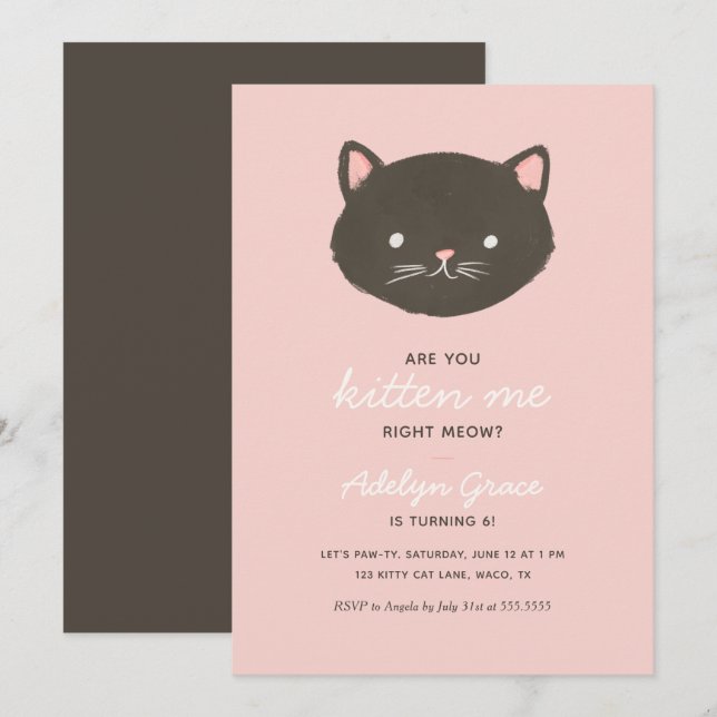 Pink Kitten Girl Birthday Party Invitation (Front/Back)