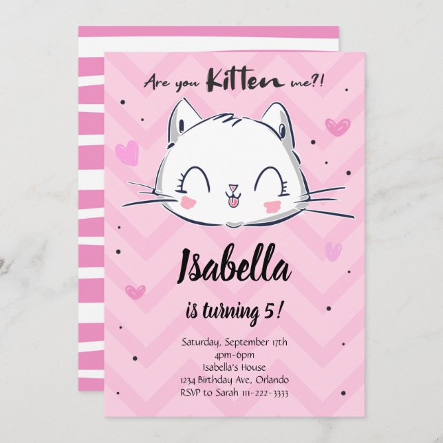 Pink Kitten Girls Birthday Invitation (Front/Back)