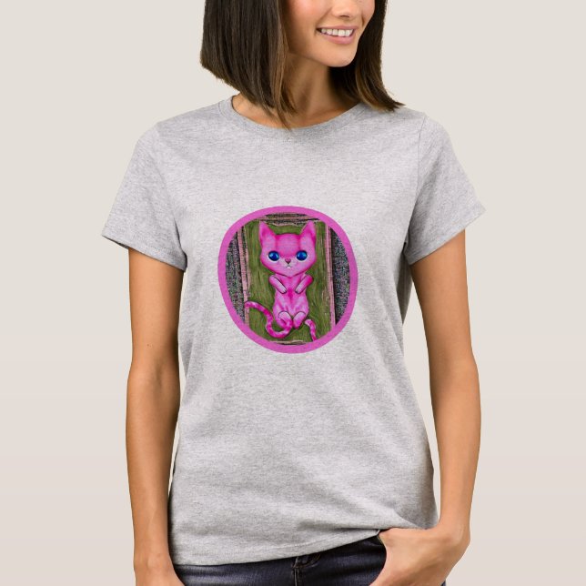 Pink kitten with long tail. T-Shirt (Front)