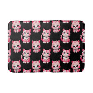 Pink Kitty Cats Design Black Bath Mat