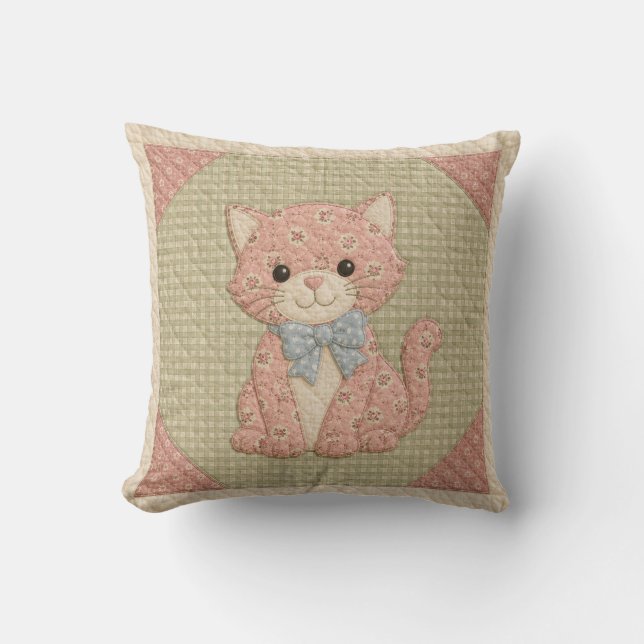 Pink Kitty Quilt Throw Pillow (Front)