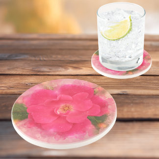 Pink Knockout Rose Watercolor Coaster