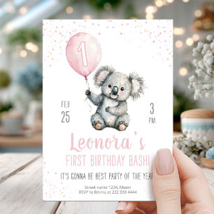 Pink Koala First Birthday Party Invitation