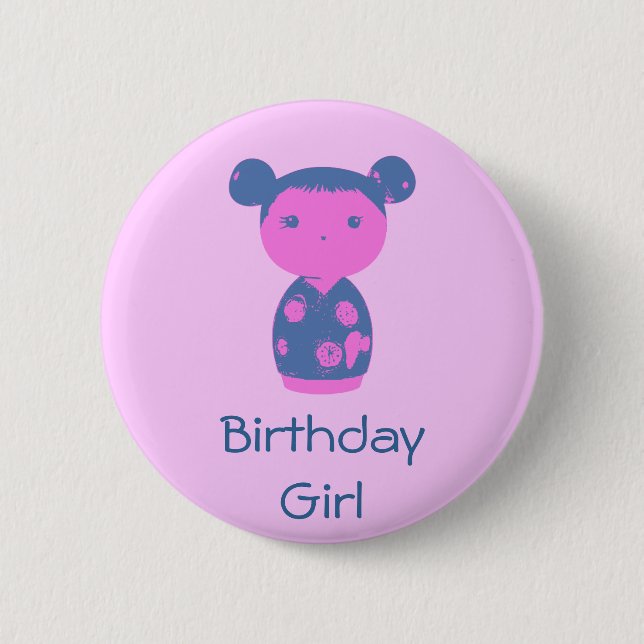 Pink Kokeshi Blue Button (Front)