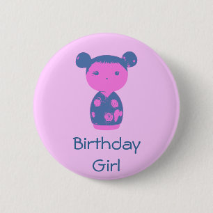 Pink Kokeshi Blue Button