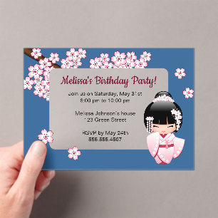 Pink Kokeshi Girl Transparent Window Blue Birthday Acrylic Invitations