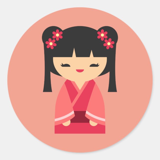 Pink Kokeshi Japanese dolls Classic Round Sticker (Front)