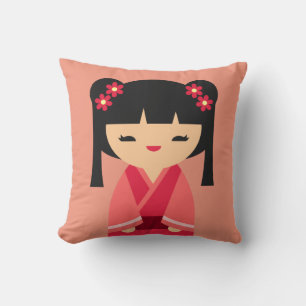 Pink Kokeshi Japanese dolls Throw Pillow