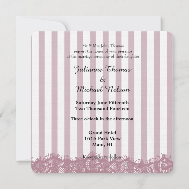 Pink Lace and Stripes Wedding Invitation (Front)