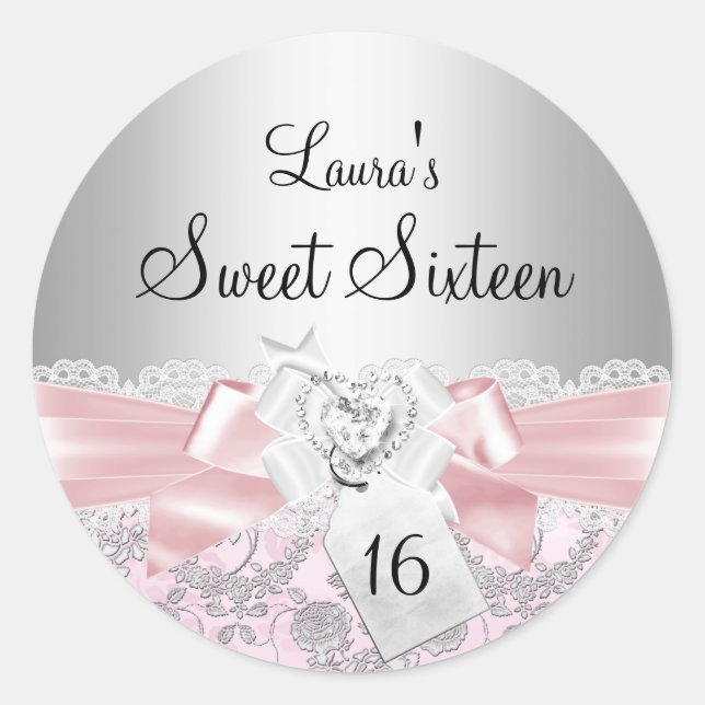 Pink Lace Bow & Floral Sweet 16 Sticker (Front)