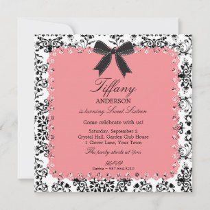 Pink Lace & BW Damask with Bow Sweet 16 Invitation