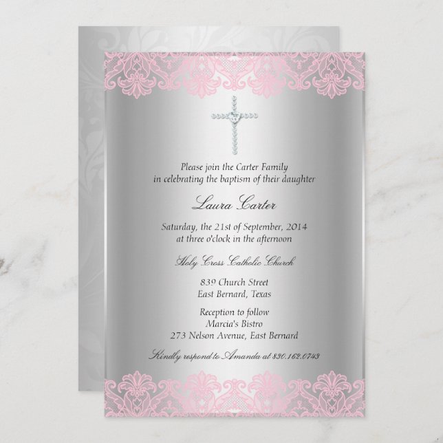 Pink Lace & Cross Baptism/Christening Invitation (Front/Back)