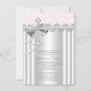 Pink Lace Cross First Communion Invitation