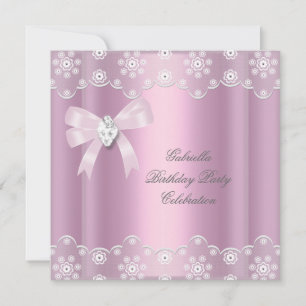 Pink Lace Elegant Birthday Party Diamond Bow Invitation