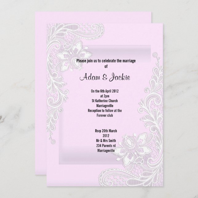 PINK LACE ELEGANT CLASSY WEDDING INVITATION (Front/Back)