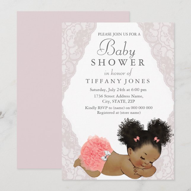 Pink Lace Ethnic Vintage Baby Shower Invite (Front/Back)