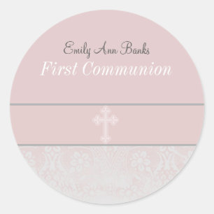 Pink Lace First Holy Communion Classic Round Sticker