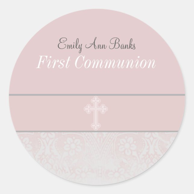 Pink Lace First Holy Communion Classic Round Sticker (Front)