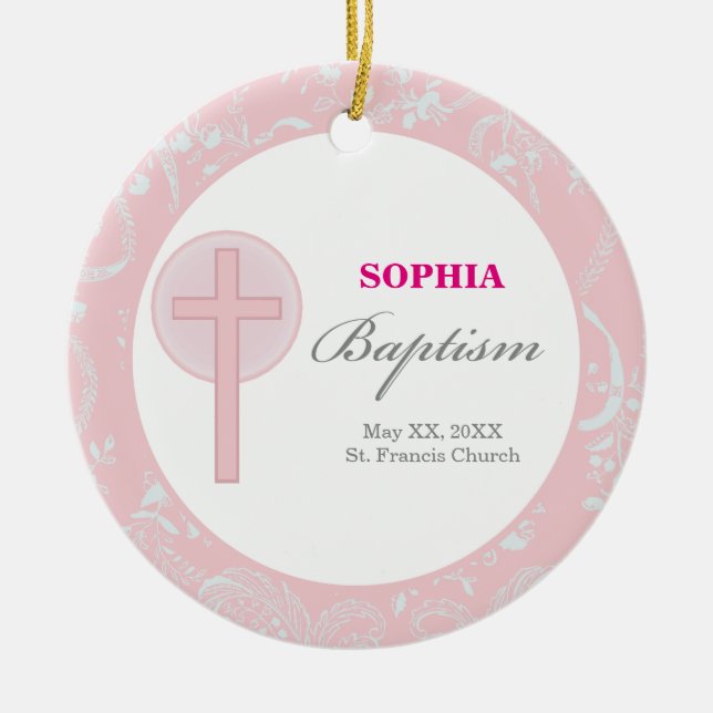 Pink Lace Girl Baptism Ceramic Ornament (Front)