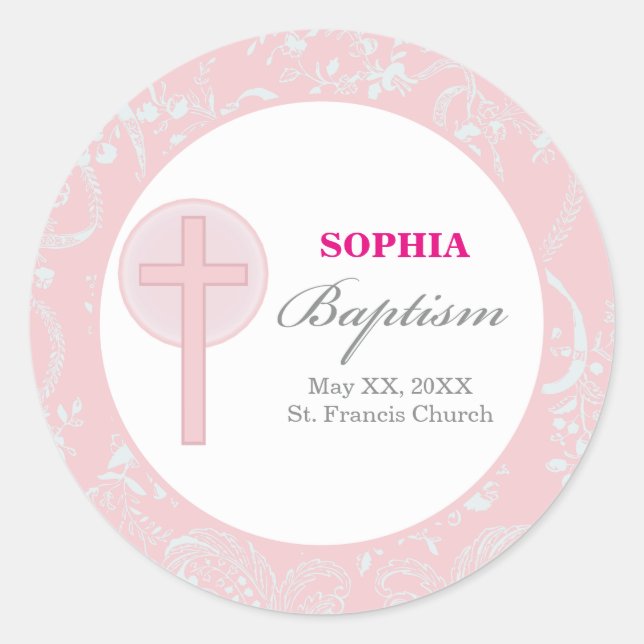 Pink Lace Girl Baptism Classic Round Sticker (Front)