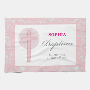 Pink Lace Girl Baptism Kitchen Towel