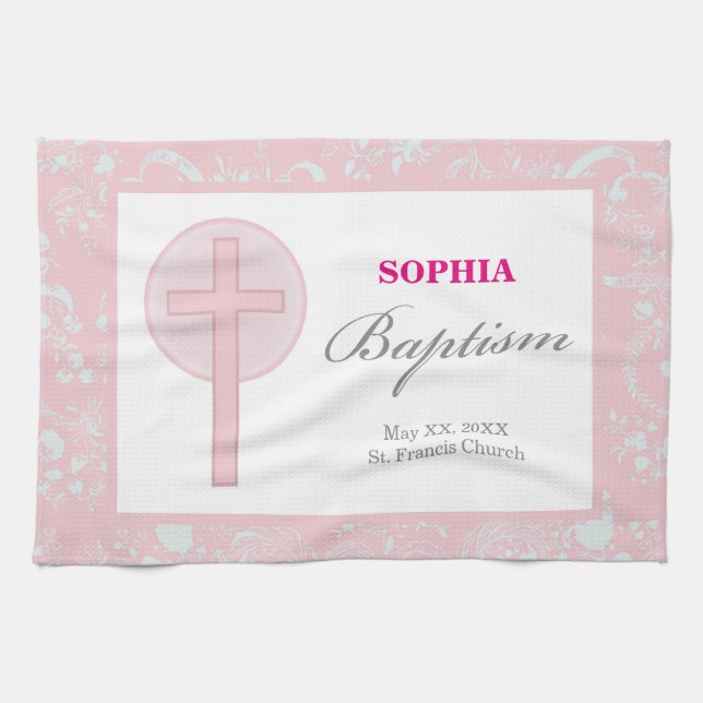 Pink Lace Girl Baptism Kitchen Towel (Horizontal)