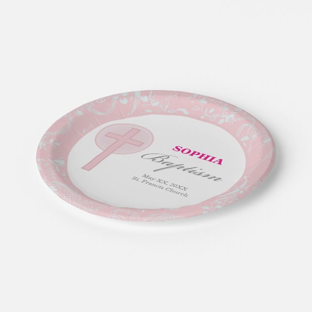 Pink Lace Girl Baptism Paper Plate (Angled)
