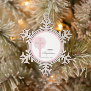 Pink Lace Girl Baptism Personalized Snowflake Pewter Christmas Ornament